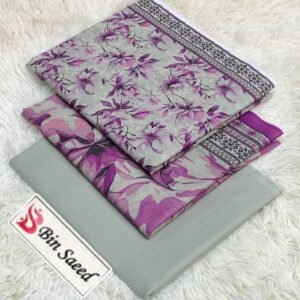 Grey and purple floral printed 3-piece lawn suit by Bin Saeed with matching dupatta and plain grey trouser.