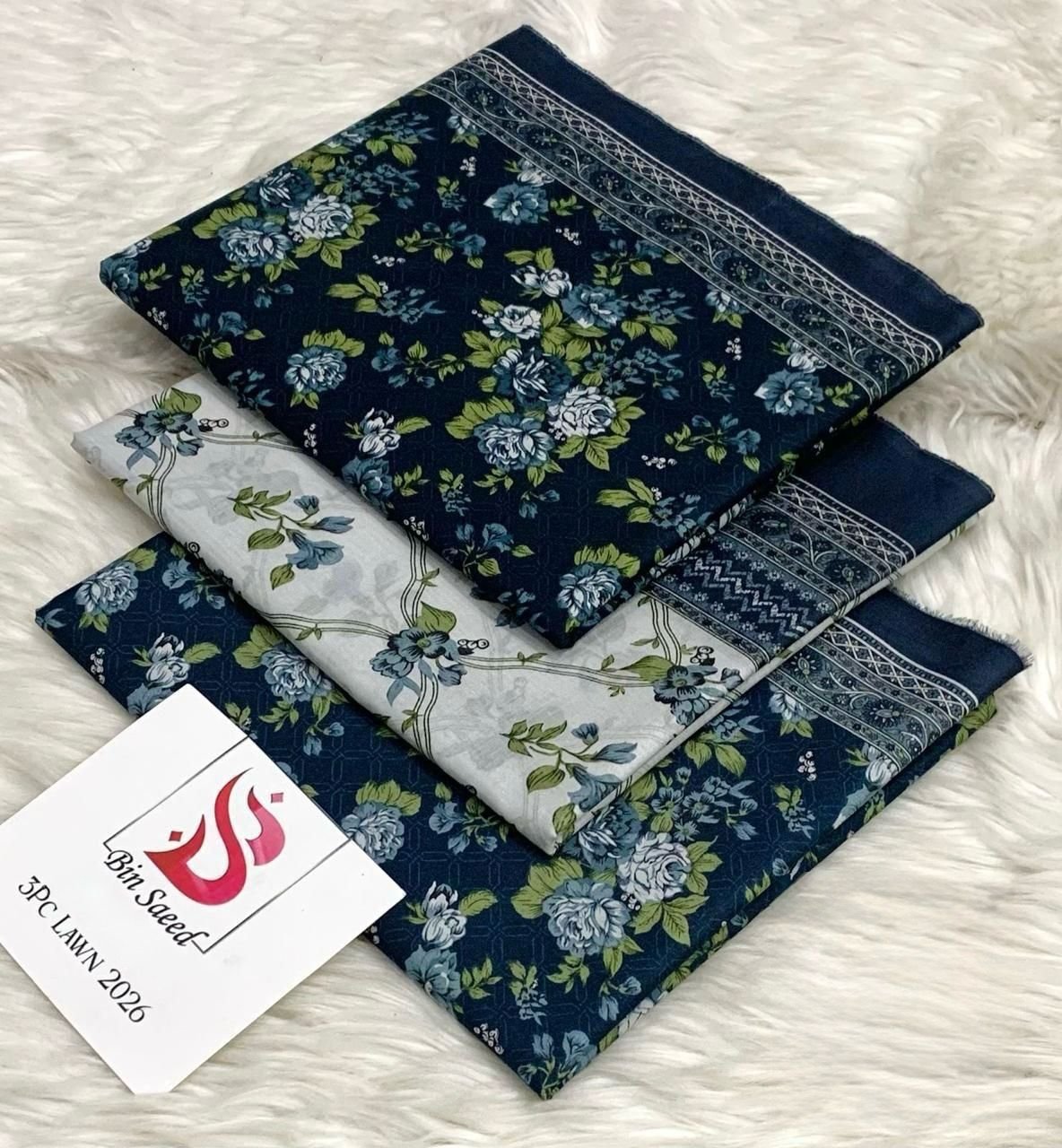 Bin Saeed SPC Lawn 2026 black floral 3-piece suit with printed dupatta and embroidered border.