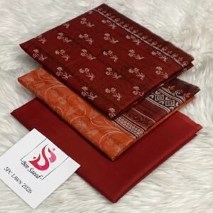 Maroon and rust printed 3-piece lawn suit by Bin Saeed with floral motifs and matching trouser.