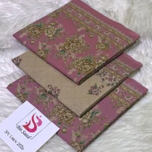 Three pink and beige floral printed fabric pieces arranged with a white tag reading "Bin Saeed 3PC LAWN 2026".