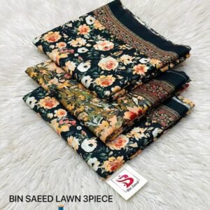 Black lawn 3-piece suit with vibrant yellow-orange floral print and intricate border design by Bin Saeed.