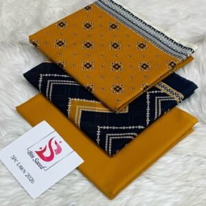 Bin Saeed 3 piece printed lawn suit in mustard and black color with printed shirt