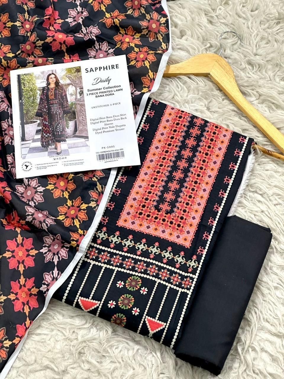 Black ethnic printed 3 piece lawn suit with dupatta