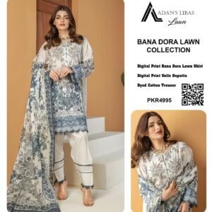 Woman wearing a floral digital printed lawn suit with voile dupatta and white trousers in soft grey and ivory tones.