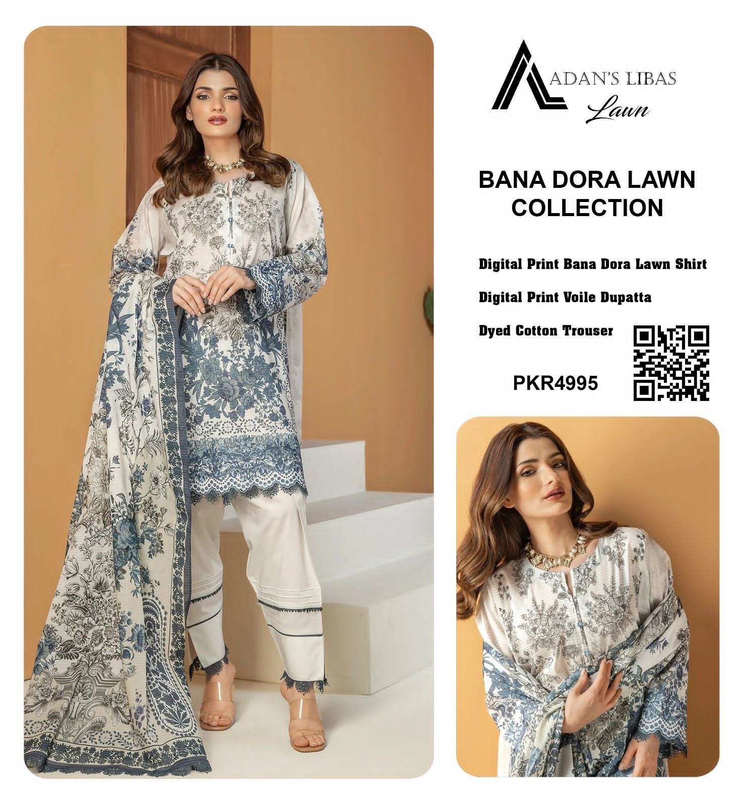 Woman wearing a floral digital printed lawn suit with voile dupatta and white trousers in soft grey and ivory tones.