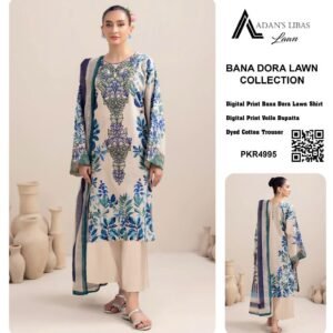 Woman wearing an ivory lawn suit with blue botanical prints