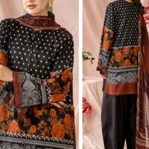 Black digital printed lawn 3 piece suit with chiffon dupatta for women